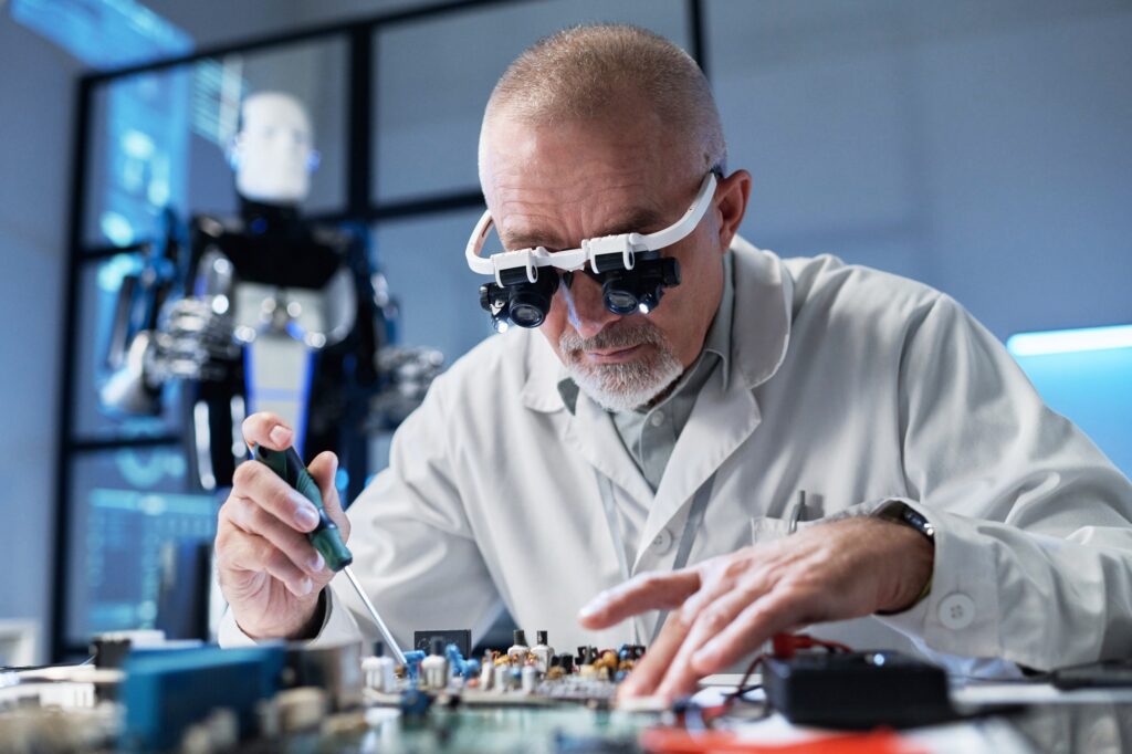 Programmer assembling the motherboard in office